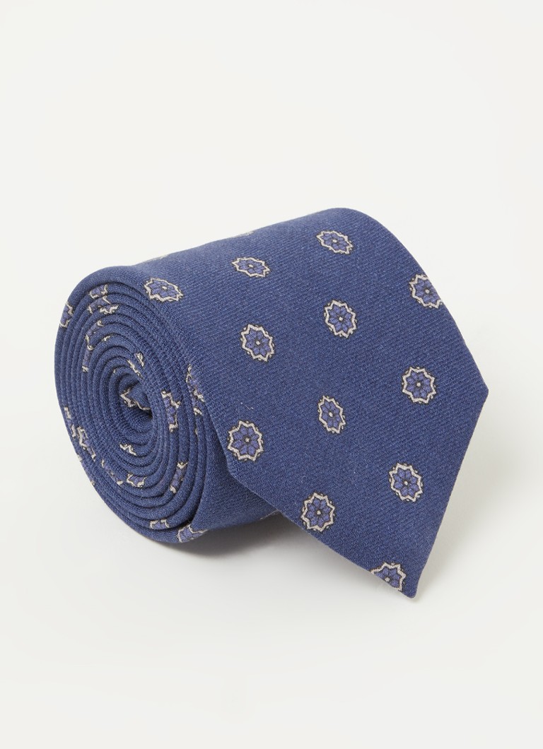 Profuomo - Stropdas van wol met bloemenprint - Donkerblauw
