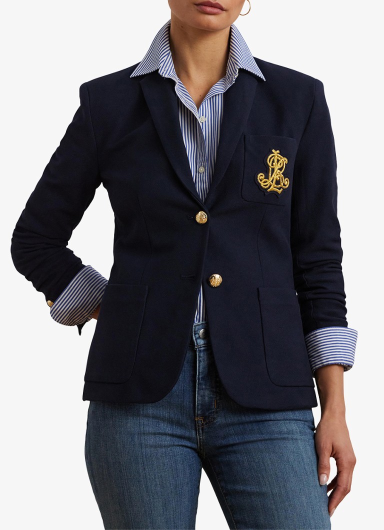 Ralph Lauren - Blazer van piqué katoen met metallic logoborduring - Donkerblauw