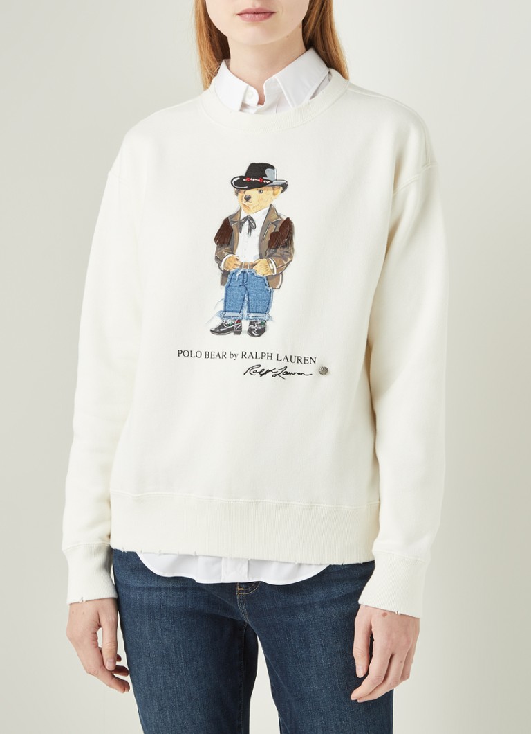 Ralph Lauren Cowboy Bear sweater met frontprint en applicatie • Gebroken  wit • de Bijenkorf
