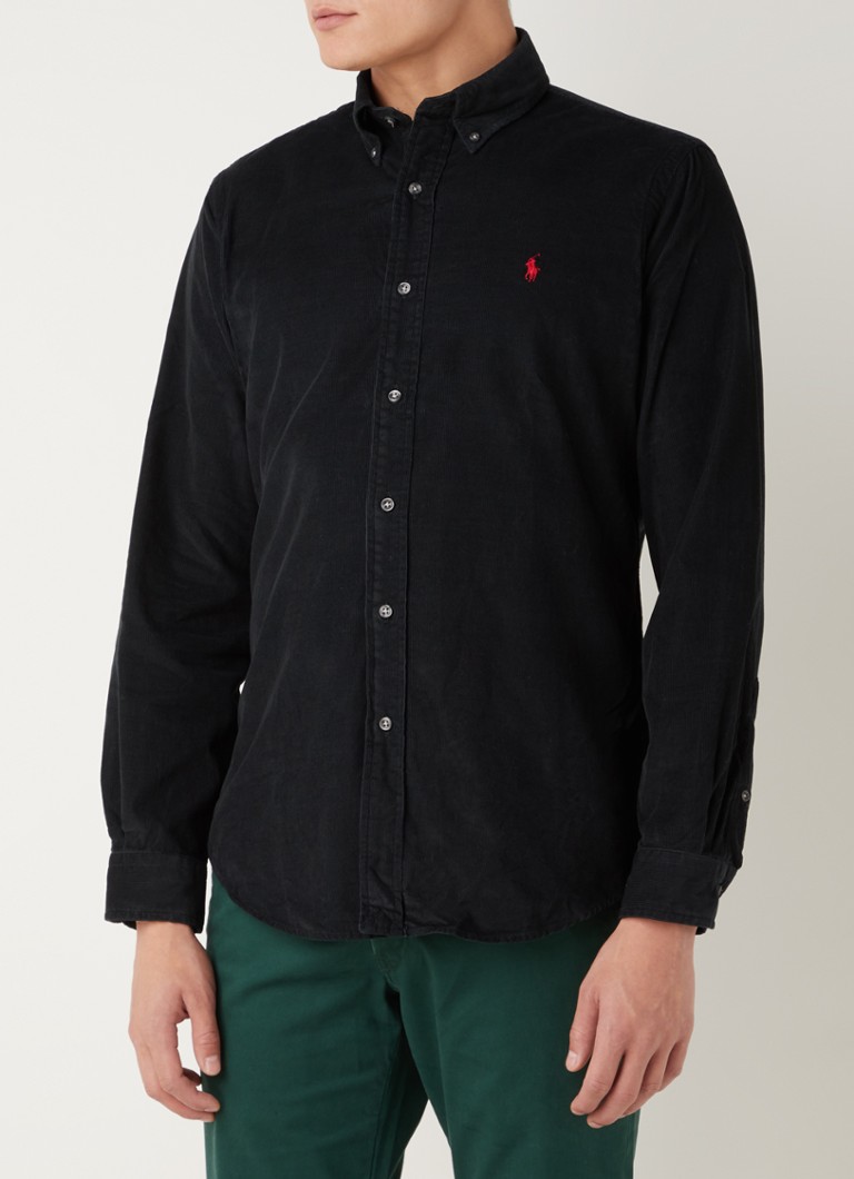 Ralph Lauren - Custom fit button down-overhemd van corduroy - Zwart