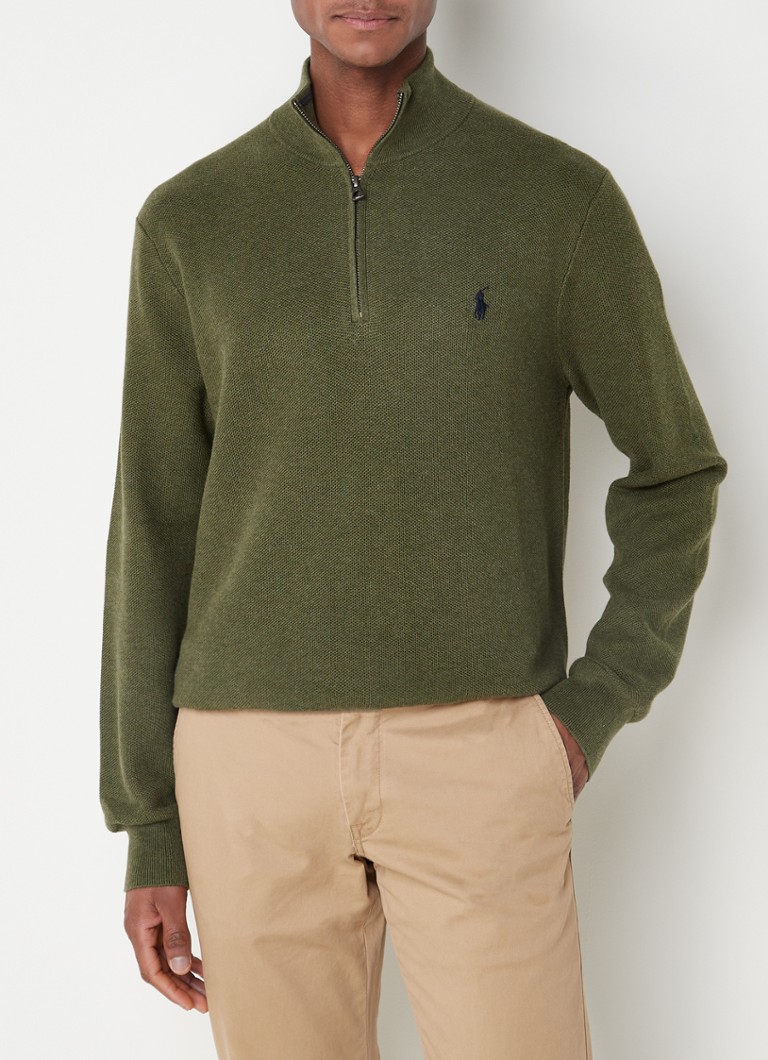 Ralph Lauren - Fijngebreide schipperstrui met halve rits en logoborduring - Olijfgroen