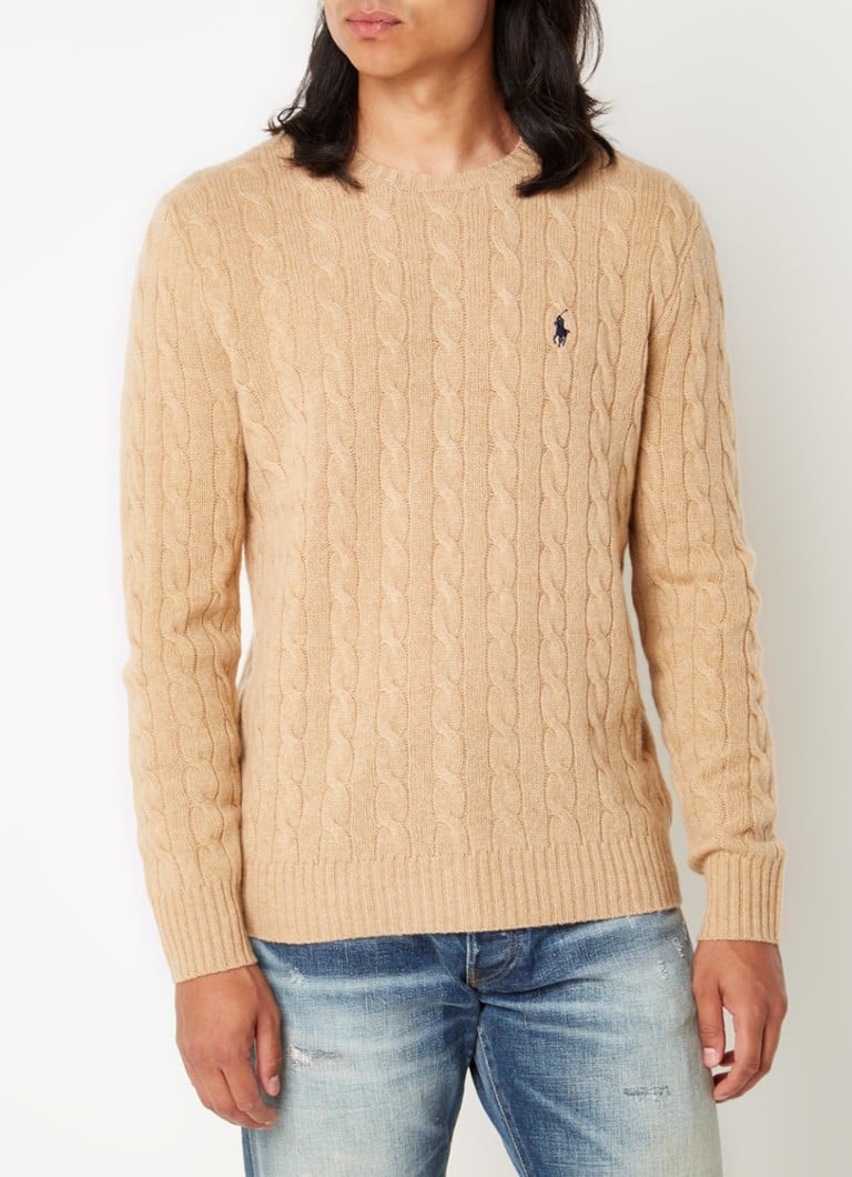 Ralph Lauren Kabelgebreide trui in kasjmierblend met logoborduring • Camel Melange / Camel • de