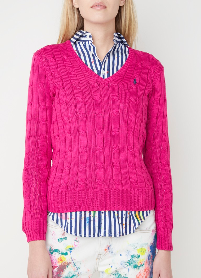 Ralph Lauren Kimberly kabelgebreide trui met V-hals Roze • de Bijenkorf