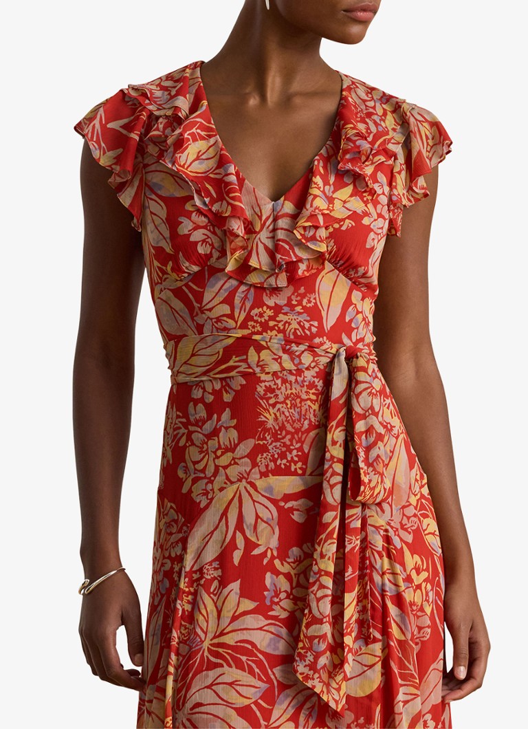 Ralph Lauren Maxi jurk wikkeljurk met bladprint en ruches • Rood