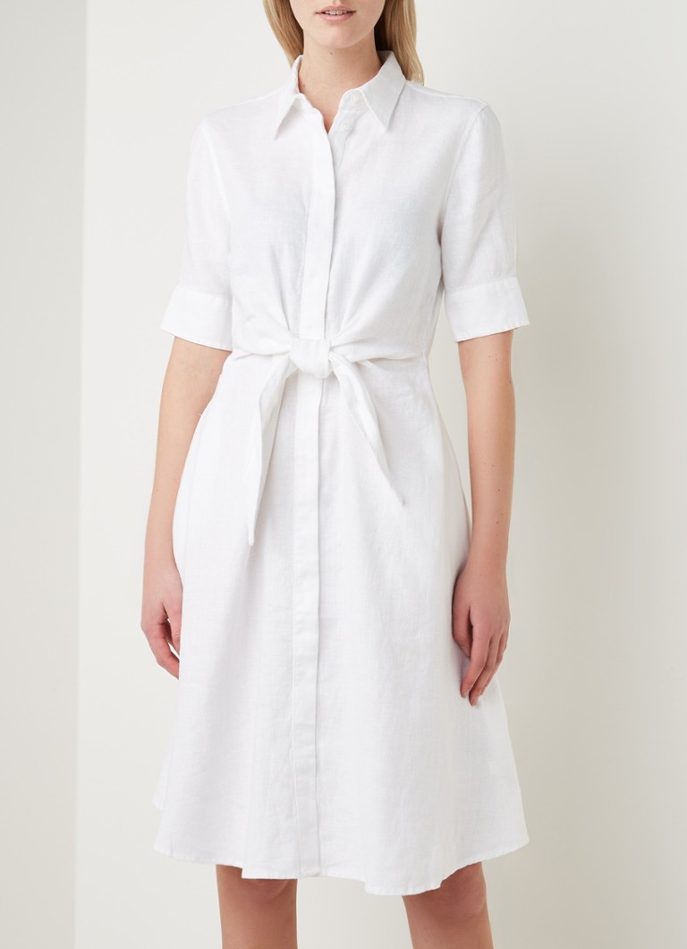 Ralph Lauren - Midi blousejurk van linnen met strikceintuur  - Wit