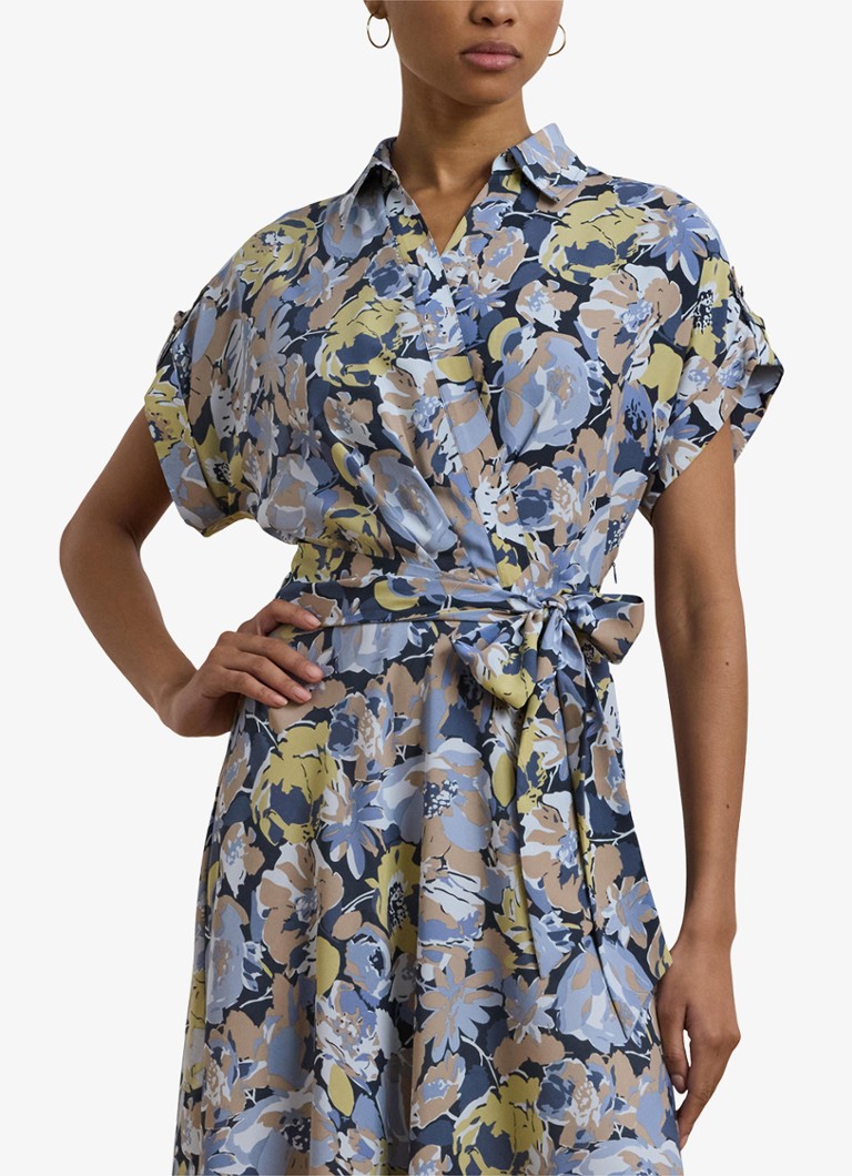 Ralph Lauren - Midi jurk met bloemenprint en strikceintuur - Blue Multi / Blauw