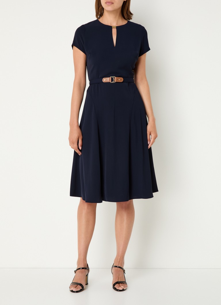 Ralph Lauren Midi Jurk Met Keyhole En Ceintuur • Donkerblauw • De Bijenkorf