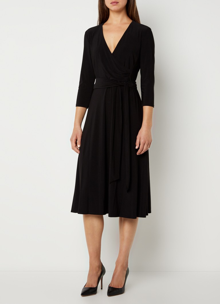 Ralph Lauren - Midi jurk met strikceintuur en V-hals - Zwart