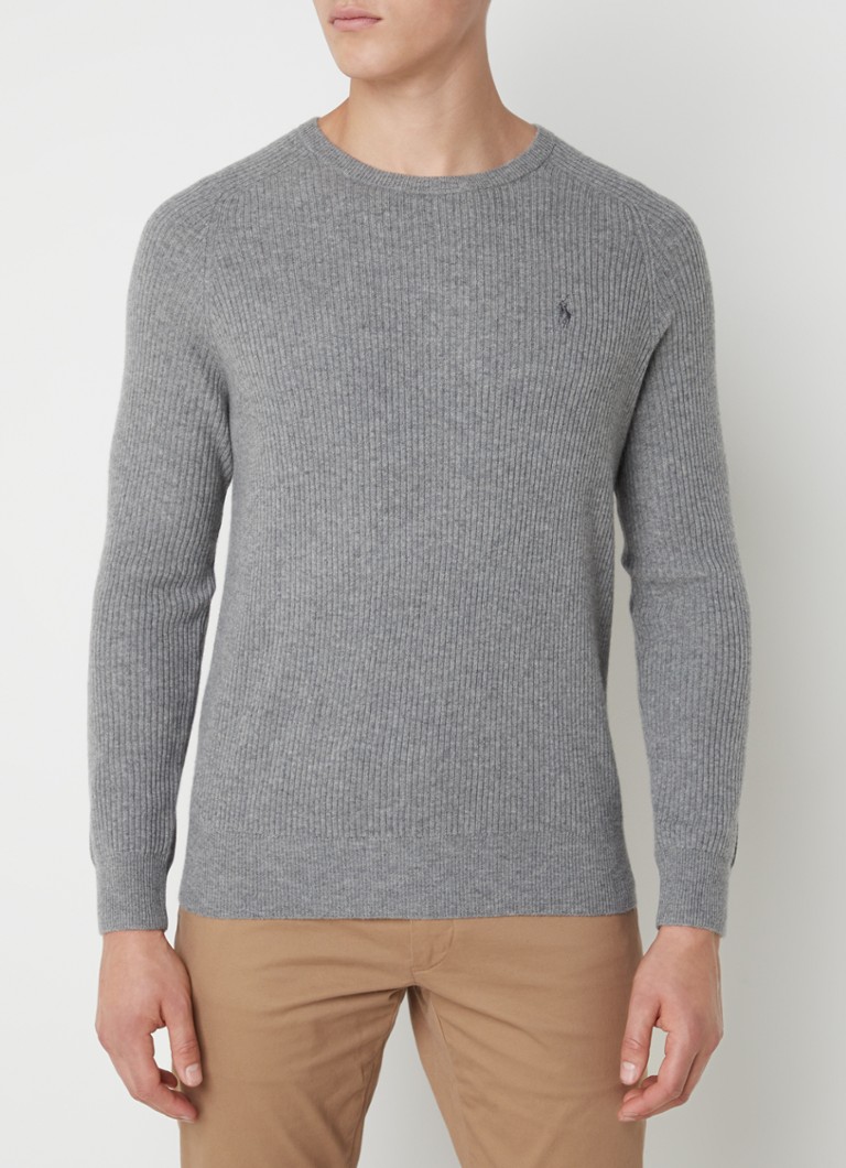 Ralph Lauren Ribgebreide trui van wol met logoborduring • Fawn Grey Heather • de Bijenkorf