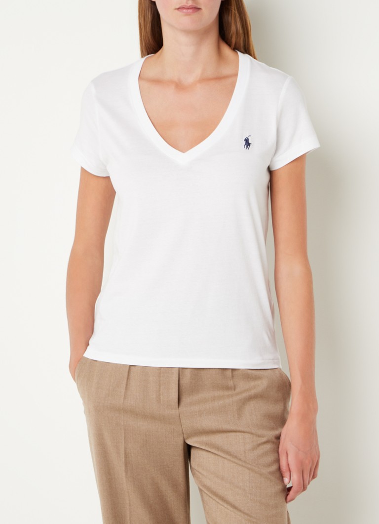 Iedereen gezantschap diep Ralph Lauren T-shirt met V-hals en logoborduring • Wit • de Bijenkorf