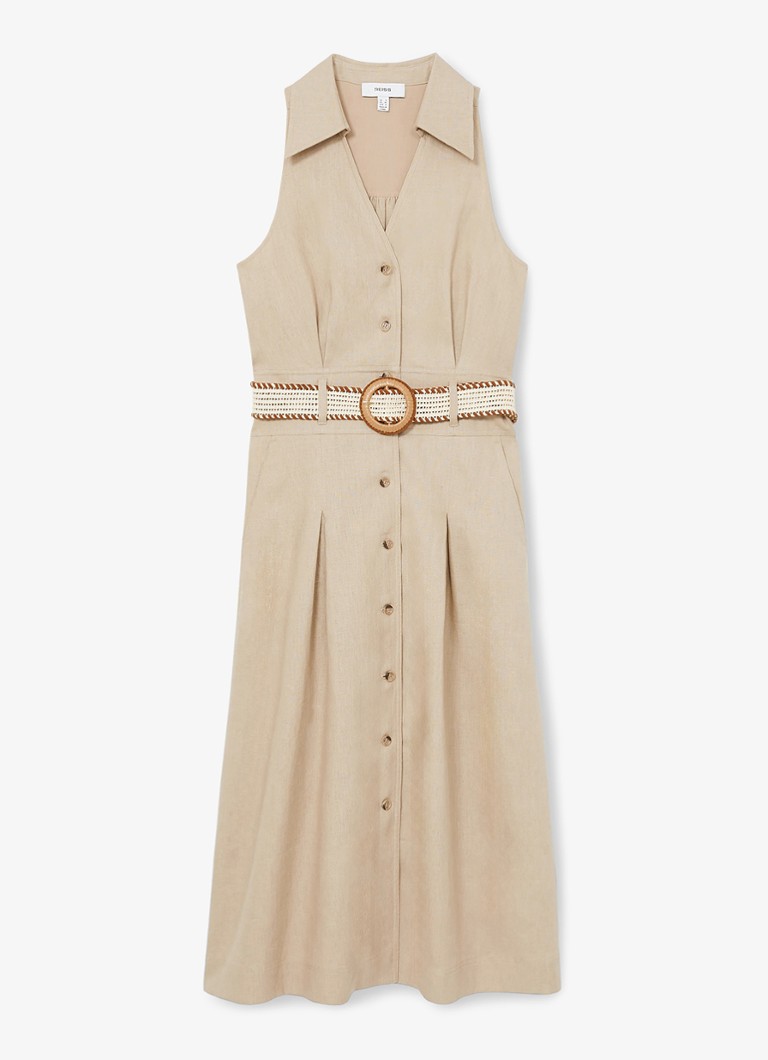 Reiss Annie midi blousejurk van linnen met ceintuur • Beige • de - Main Image