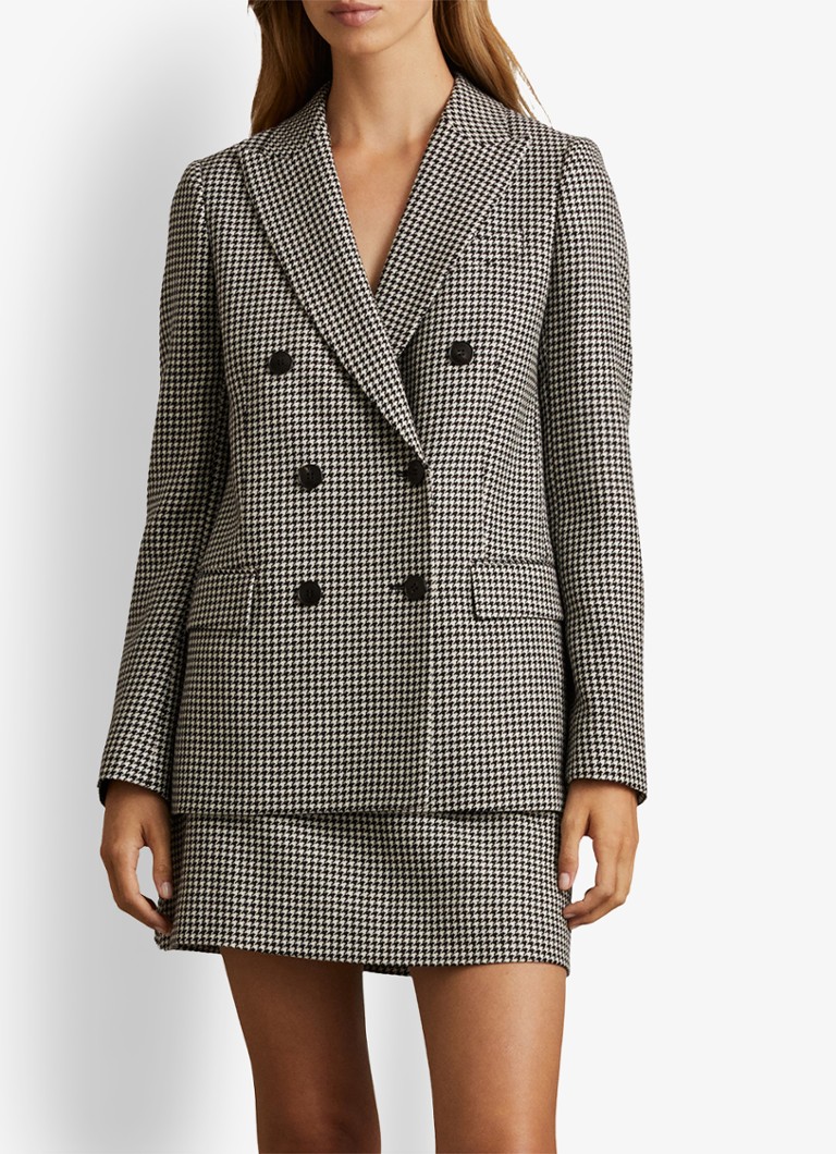 Reiss - Drew double-breasted blazer van wol met pied-de-poule dessin - Zwart