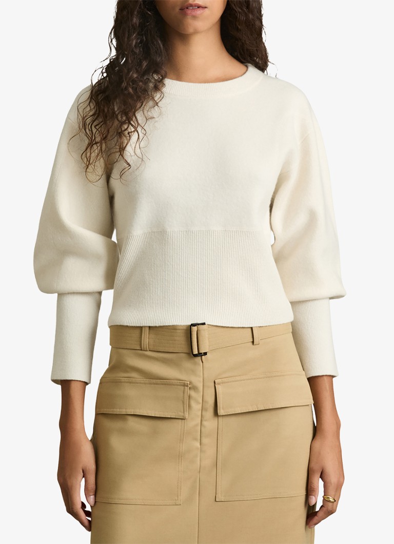 Reiss - Ella fijngebreide cropped trui in wolblend met ballonmouw - Creme