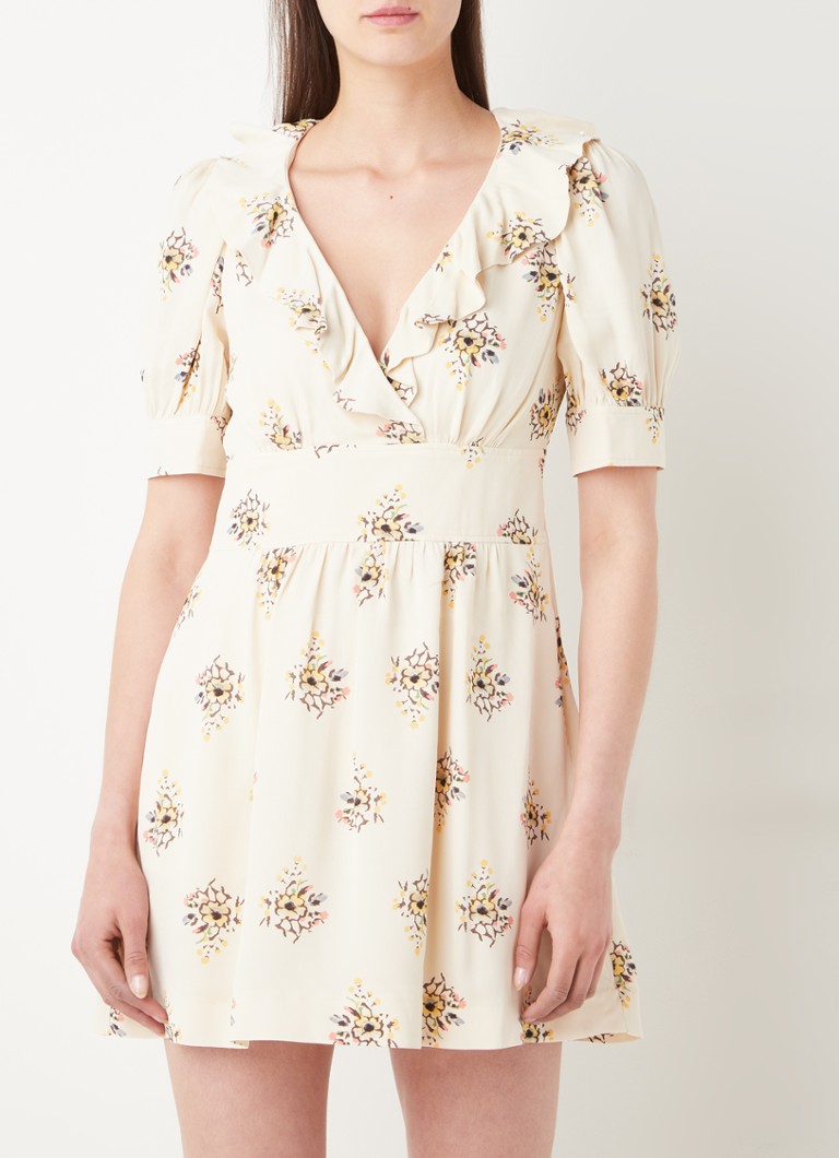 Reiss - Olive mini jurk met bloemenprint en ruches - Gebroken wit