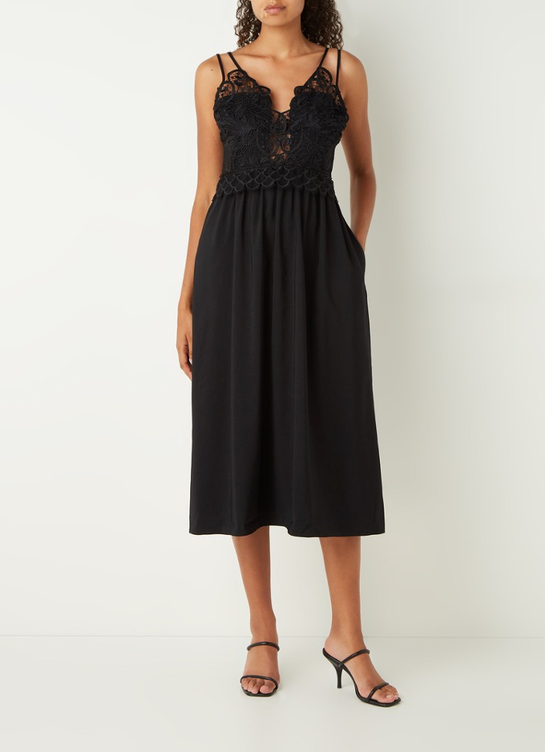 Reiss - Serena midi jurk in linnenblend met kant - Zwart