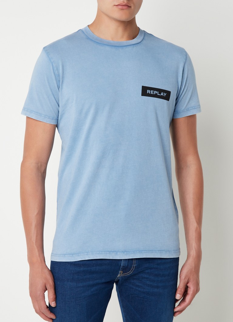 Replay - T-shirt met verwassen look en logo - Blauw