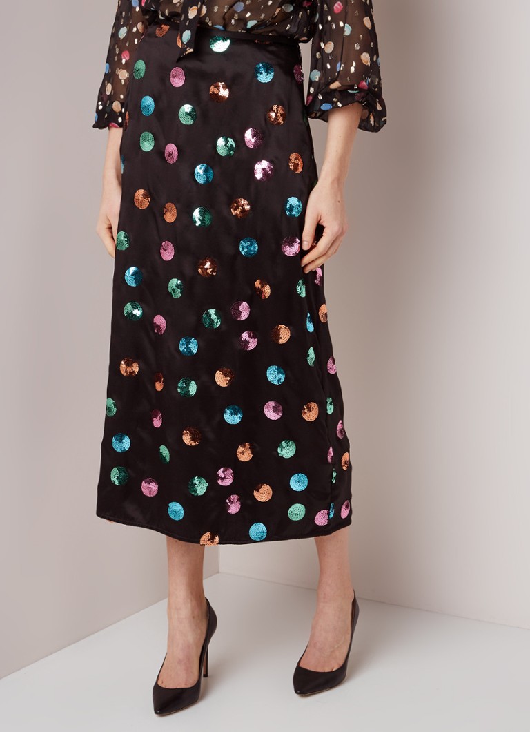 RIXO - Kelly midirok in zijdeblend met stippendessin van pailletten - Zwart