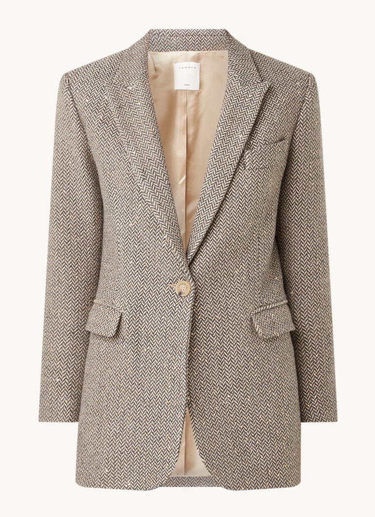 Sandro Blazer In Wolblend Met Visgraat Dessin En Pailletten Beige De Bijenkorf