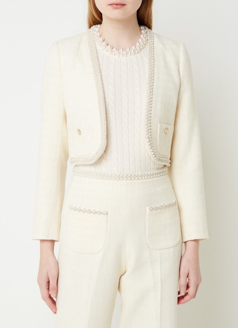Sandro - Cropped blazer met tweed-look en strass - Beige