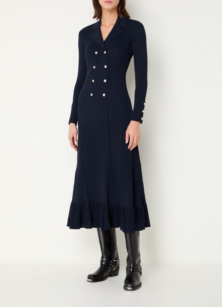 Sandro - Ribgebreide midi jurk met sierknopen - Donkerblauw