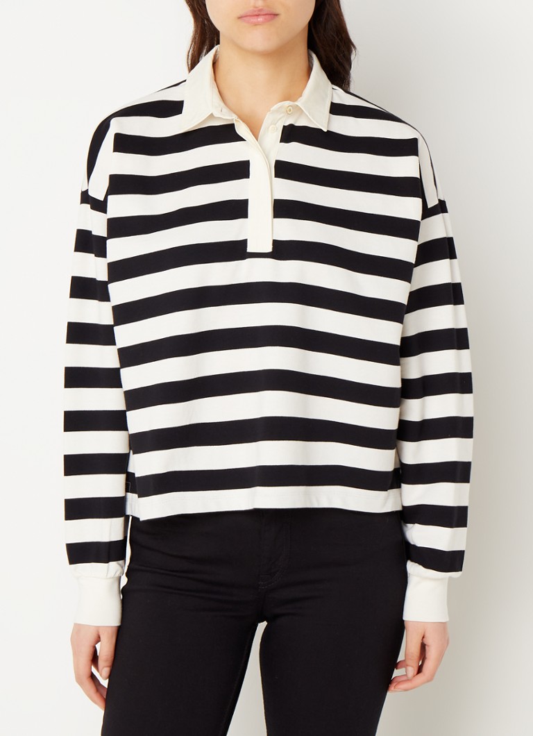 Scotch & Soda - Longsleeve polo met streepprint - Zwart