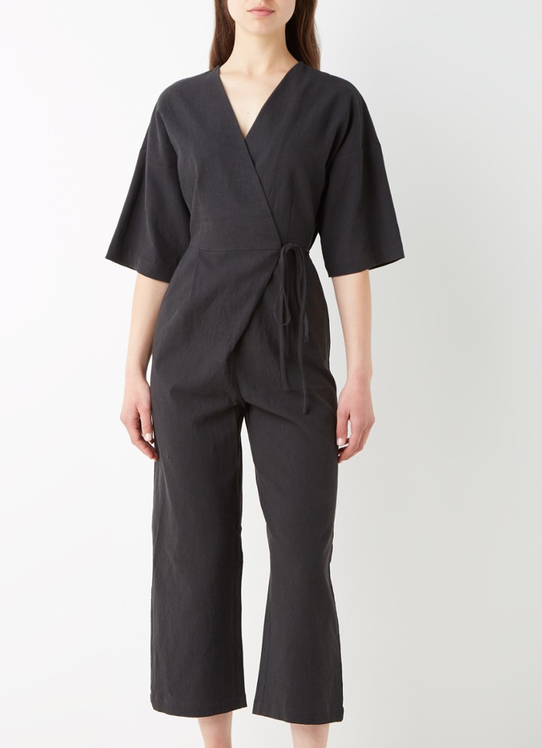 Selected Femme - Malvina straight fit cropped jumpsuit in linnenblend - Zwart