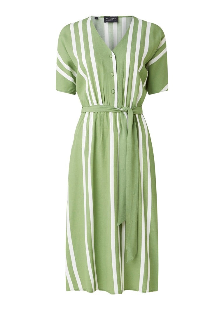Selected Femme - Midi jurk met streepprint en strikceintuur - Groen