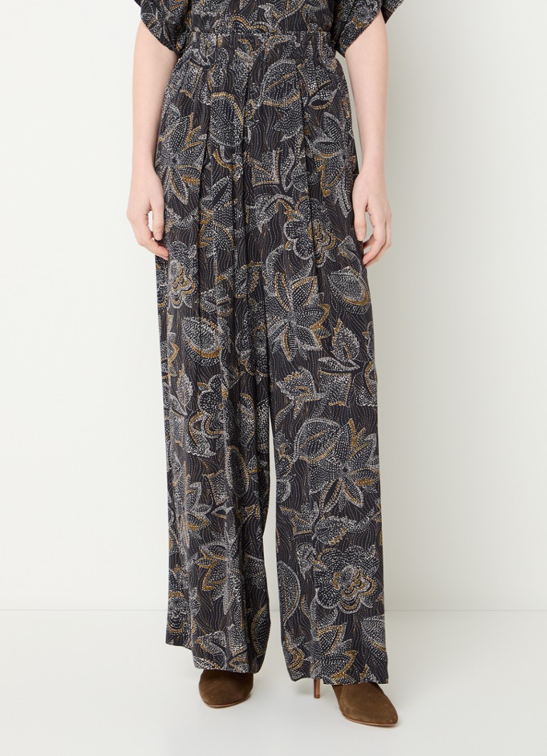 Sessùn - Cheryl high waist wide fit pantalon met bloemenprint - Zwart