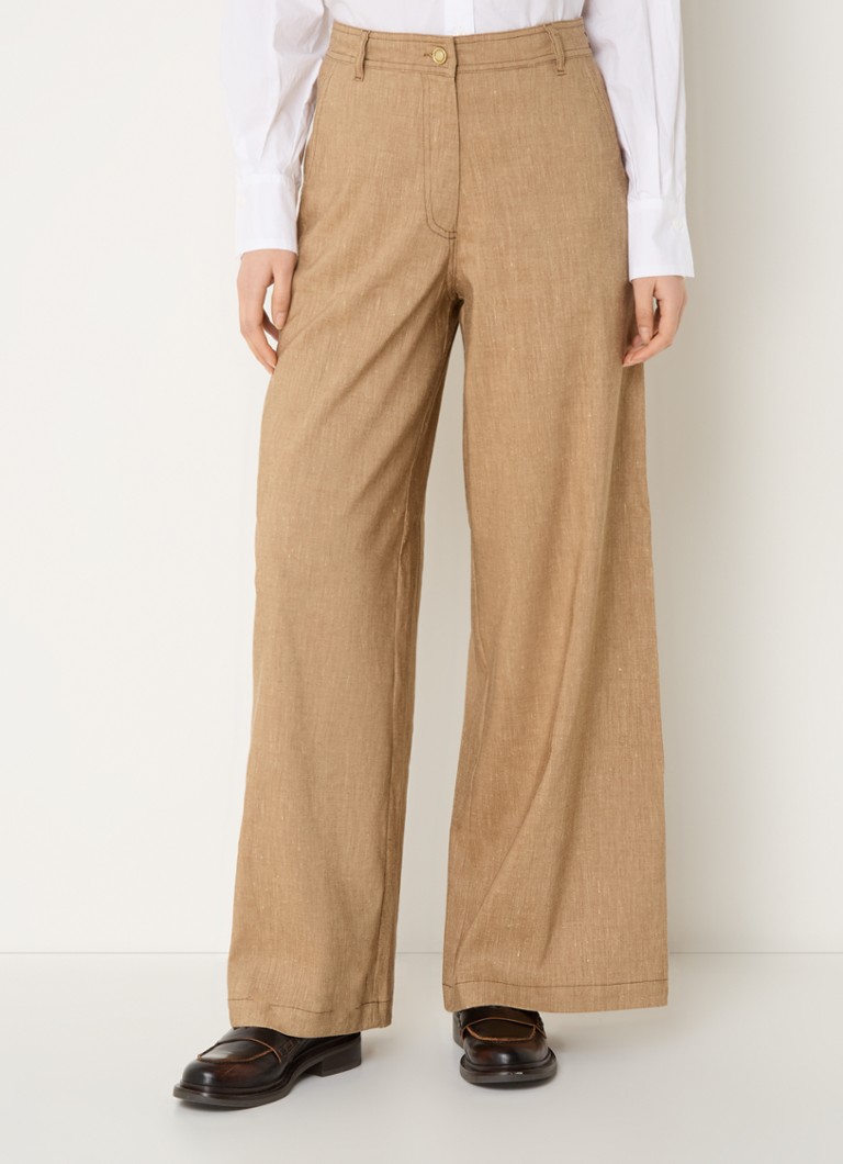 Sessùn - Dasum high waist wide fit pantalon in linnenblend met gemêleerd dessin - Camel