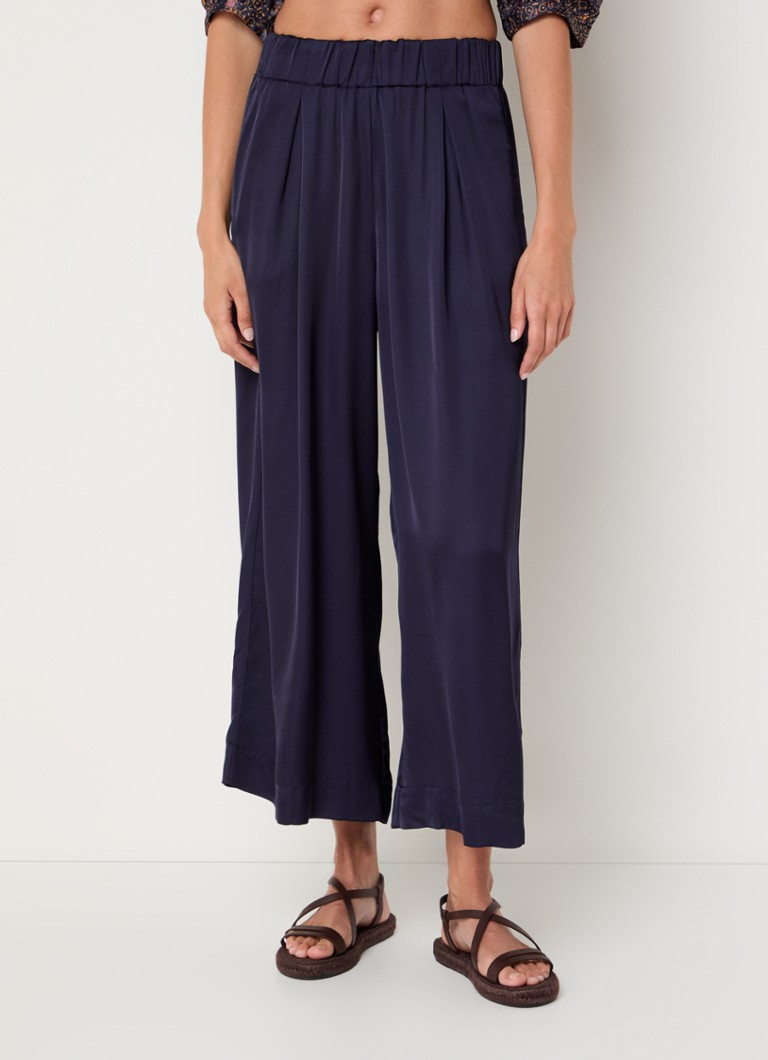 Sessùn - Isla high waist loose fit cropped broek van satijn met steekzakken - Donkerblauw