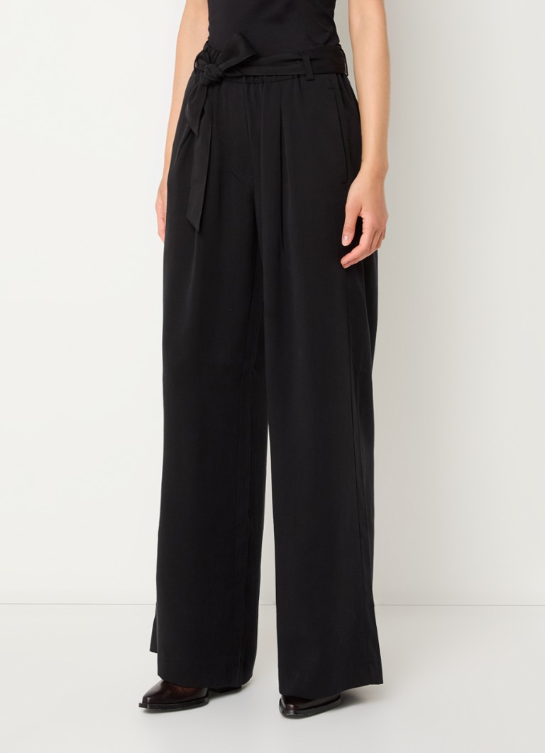 Sessùn - Rim high waist wide fit pantalon van lyocell met strikceintuur - Zwart