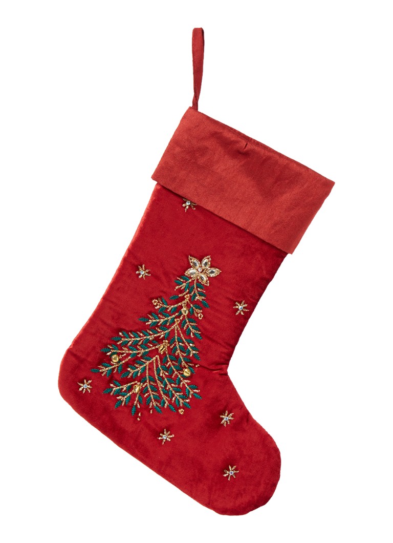 Shishi - Velvet Sock geborduurde kerstsok 35 cm - Donkerrood