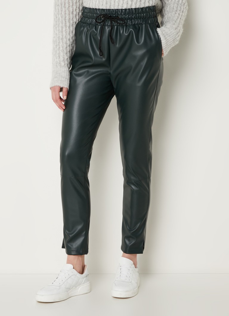 Simple - Evy high waist tapered fit cropped broek van imitatieleer - Donkergroen