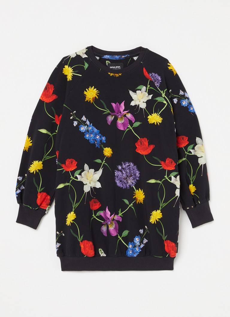 Snurk - Bouquet trui-jurk van biologisch katoen met bloemenprint  - Zwart
