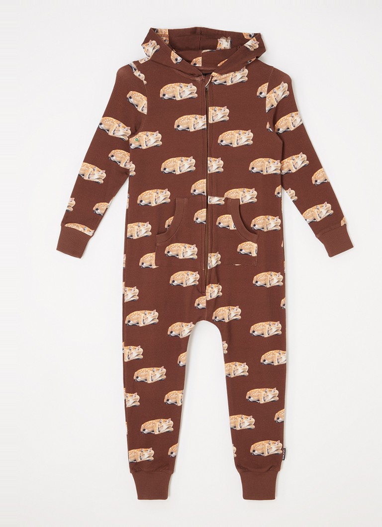 Snurk - Sleeping Deer onesie  van biologisch katoen met print - Donkerbruin