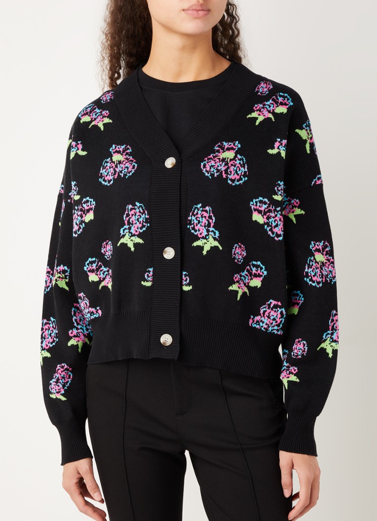 Stieglitz Nonna fijngebreid vest van katoen met bloemenprint • Zwart • de Bijenkorf