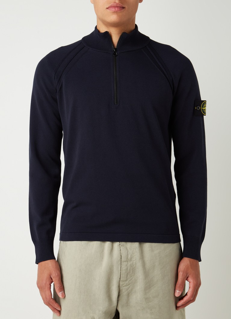 Stone Island 562B6 Fijngebreide trui met halve rits en logo • Donkerblauw • de Bijenkorf