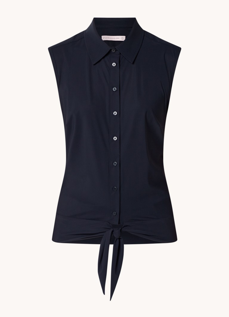 Uitsluiten houding bedrijf Studio Anneloes Pippa mouwloze blouse van travelstof met geknoopt detail •  Donkerblauw • de Bijenkorf