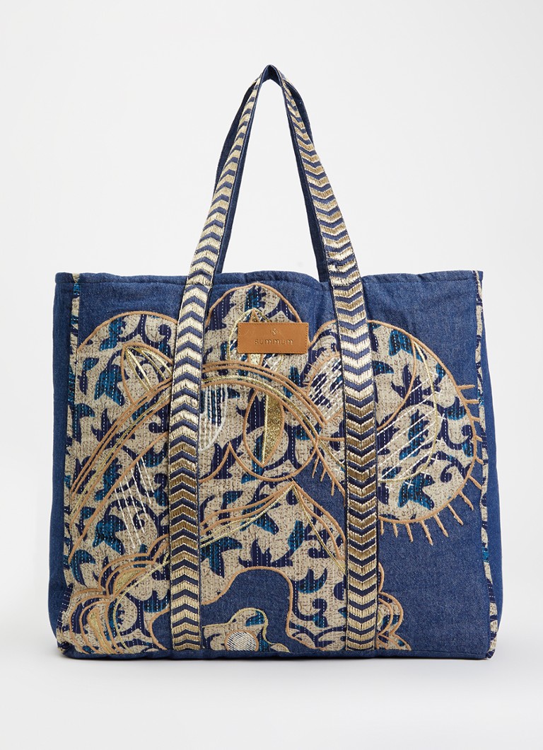 Summum - Reversibel shopper met print en borduren - Indigo
