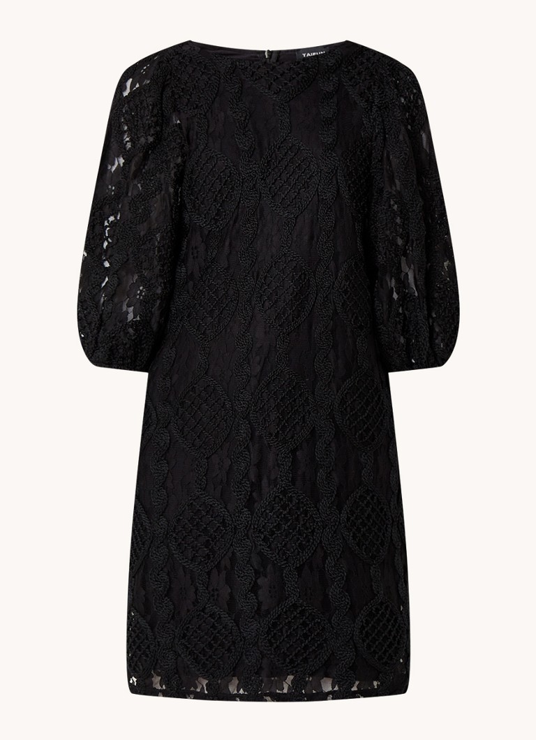 Semi-transparante mini jurk van kant met borduring • Zwart Bijenkorf