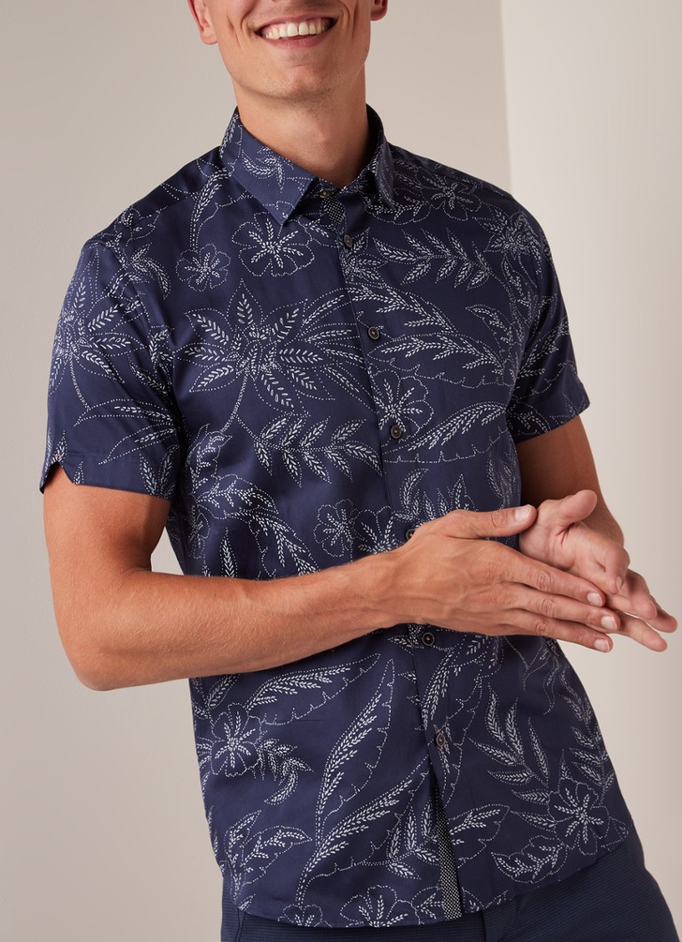 Ted Baker - Damiem regular fit overhemd met bloemendessin en korte mouw - Donkerblauw
