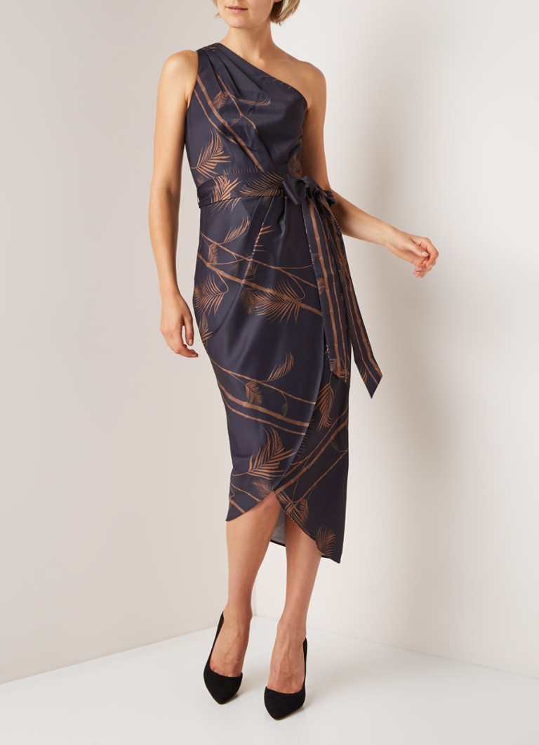 Ted Baker - Gabia one shoulder midi-jurk met bladdessin - Donkerblauw