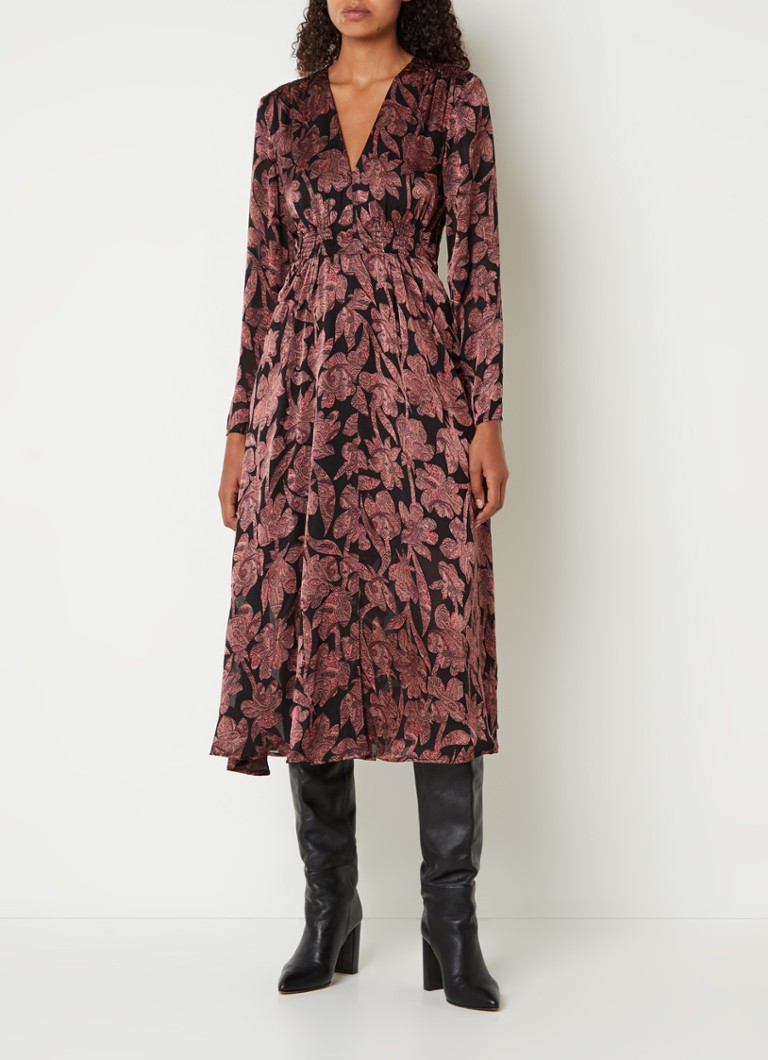 Dames midi-jurk met grafische print en strikceintuur in taille