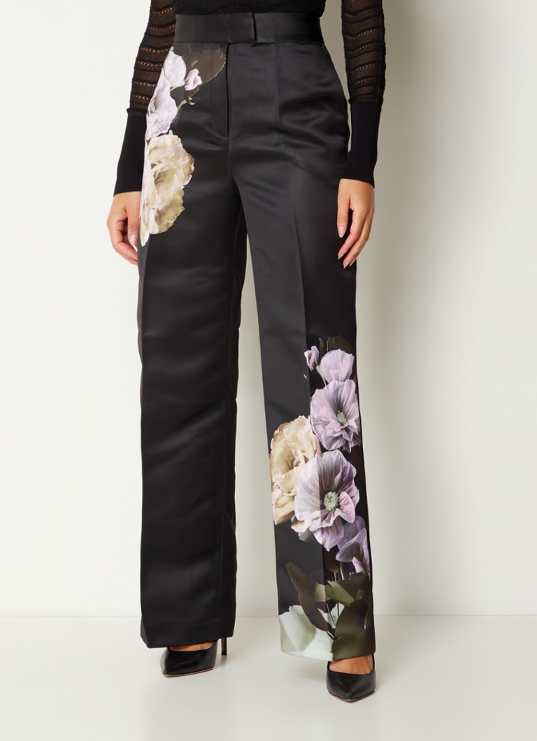 Ted Baker Nayat High Waist Wide Fit Pantalon Van Satijn Met Bloemenprint • Zwart • De Bijenkorf