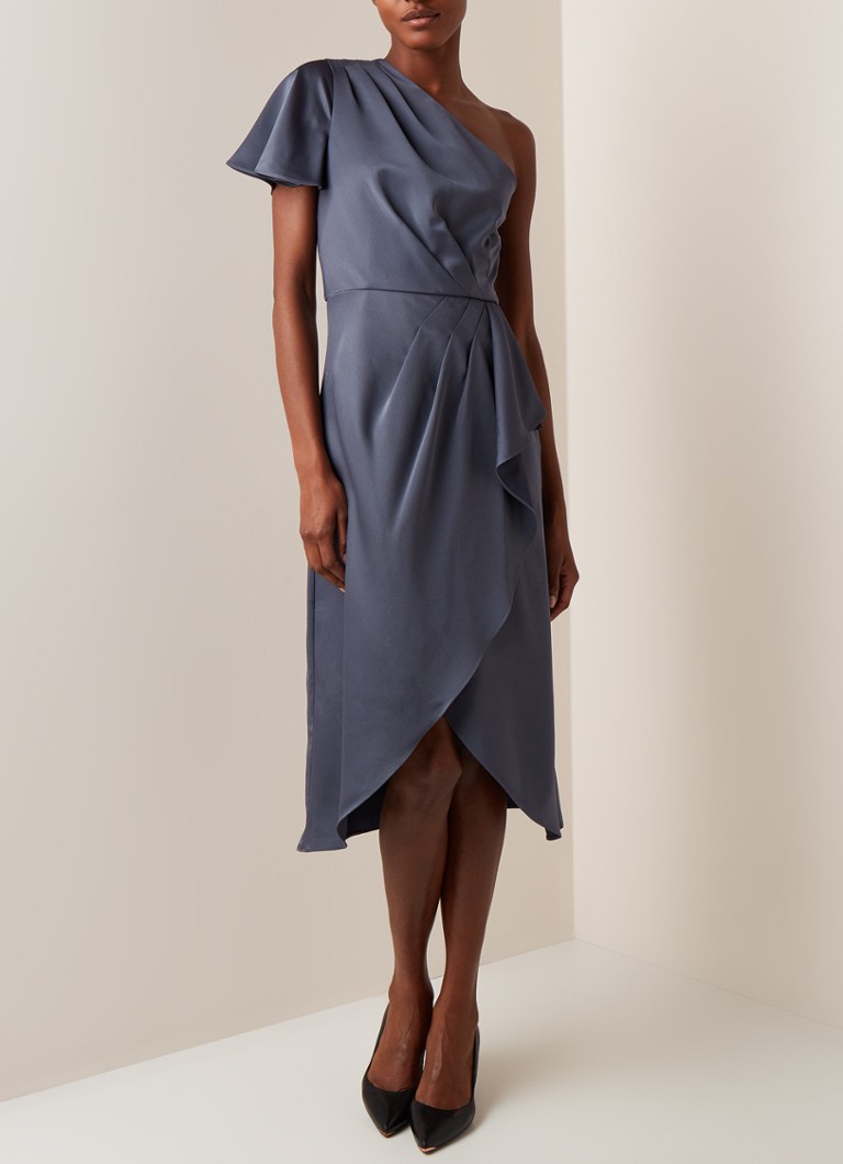 Ted Baker - One shoulder midi-jurk van satijn met volant - Grijs