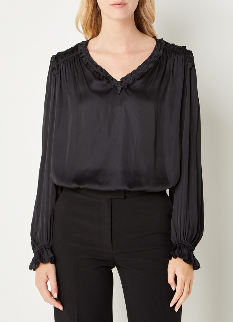 Tunesische Kraag Met Knopen Blouse Met Kanten Inzetstuk En Lange Afneembare Mouwen Wit