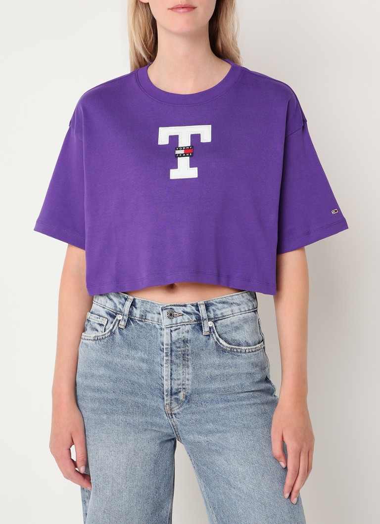 Tommy Hilfiger Cropped Tshirt met logoborduring • Paars • de Bijenkorf