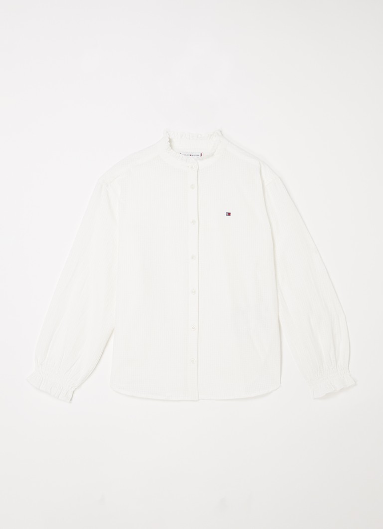 Tommy Hilfiger - Dobby blouse met logoborduring en ruches - Wit