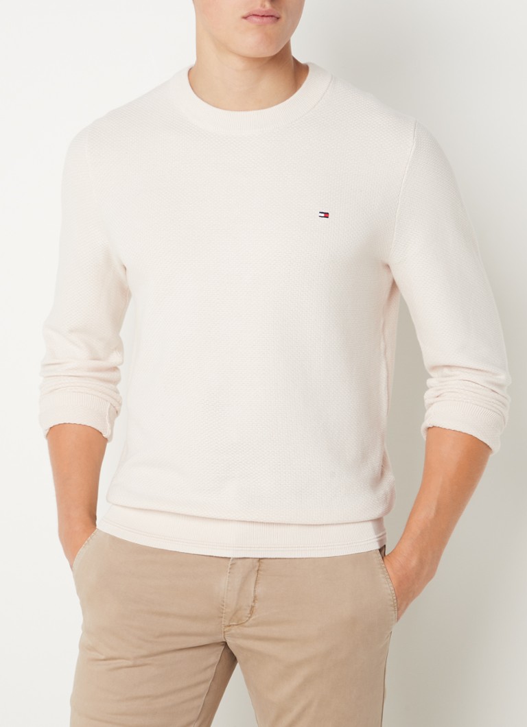 Tommy Hilfiger - Fijngebreide pullover met logoborduring  - Gebroken wit