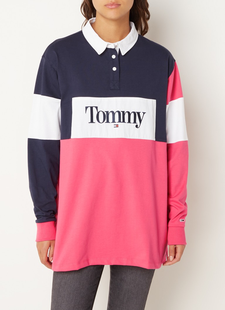 Tommy Hilfiger - Oversized polo met logoborduring en colour blocking - Roze